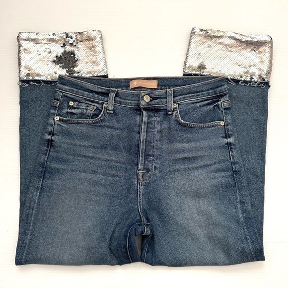 7 For All Mankind Luxe Vintage Sequin Cuff Cropped Boyfriend Jeans Size 30 - Picture 3 of 11